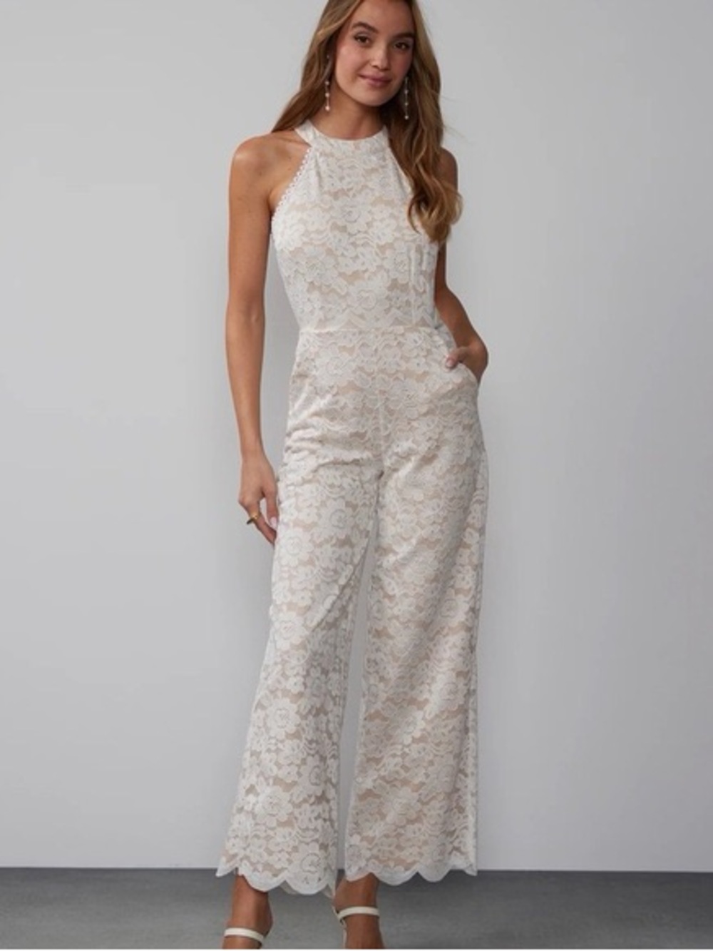 NWT NY and Co White Lace Overlay Jumpsuit Halter Neck Scalloped SIze S